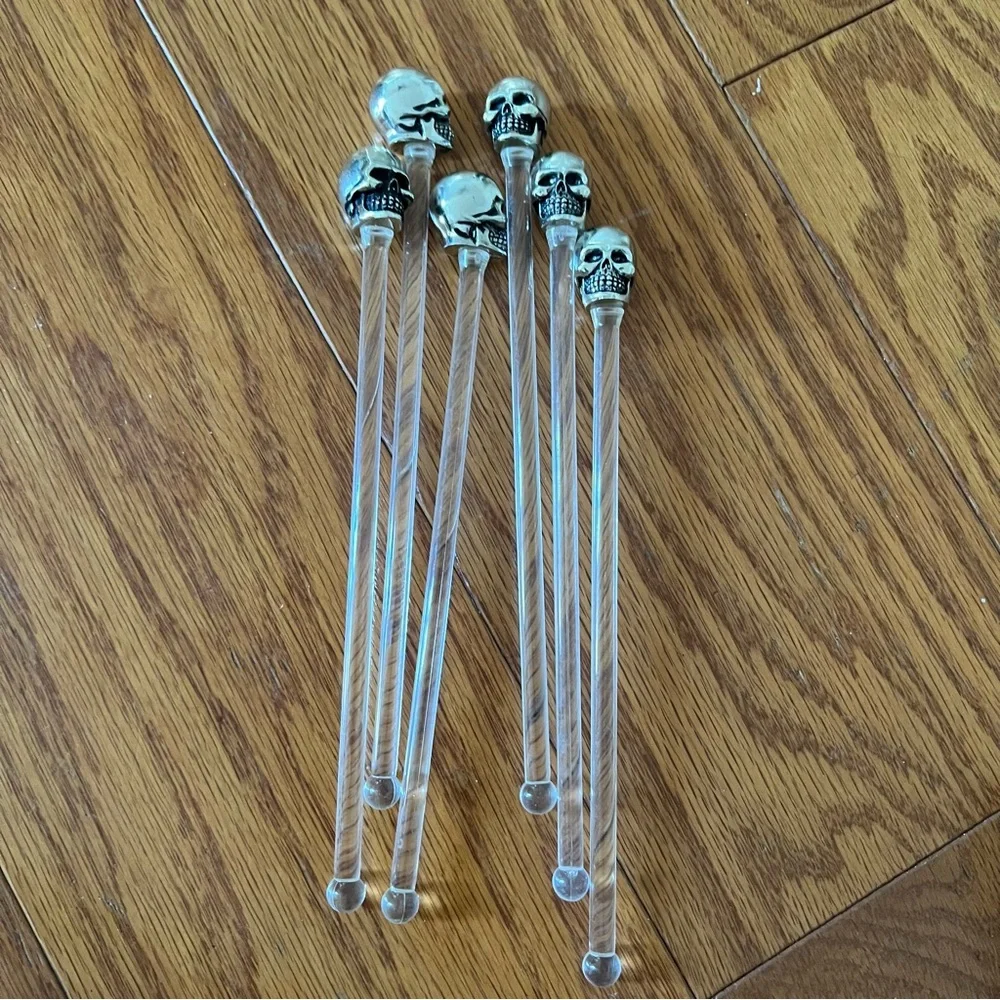 Lot of 6 Skull Cocktail Drink Stir Sticks - Silver Stirrer